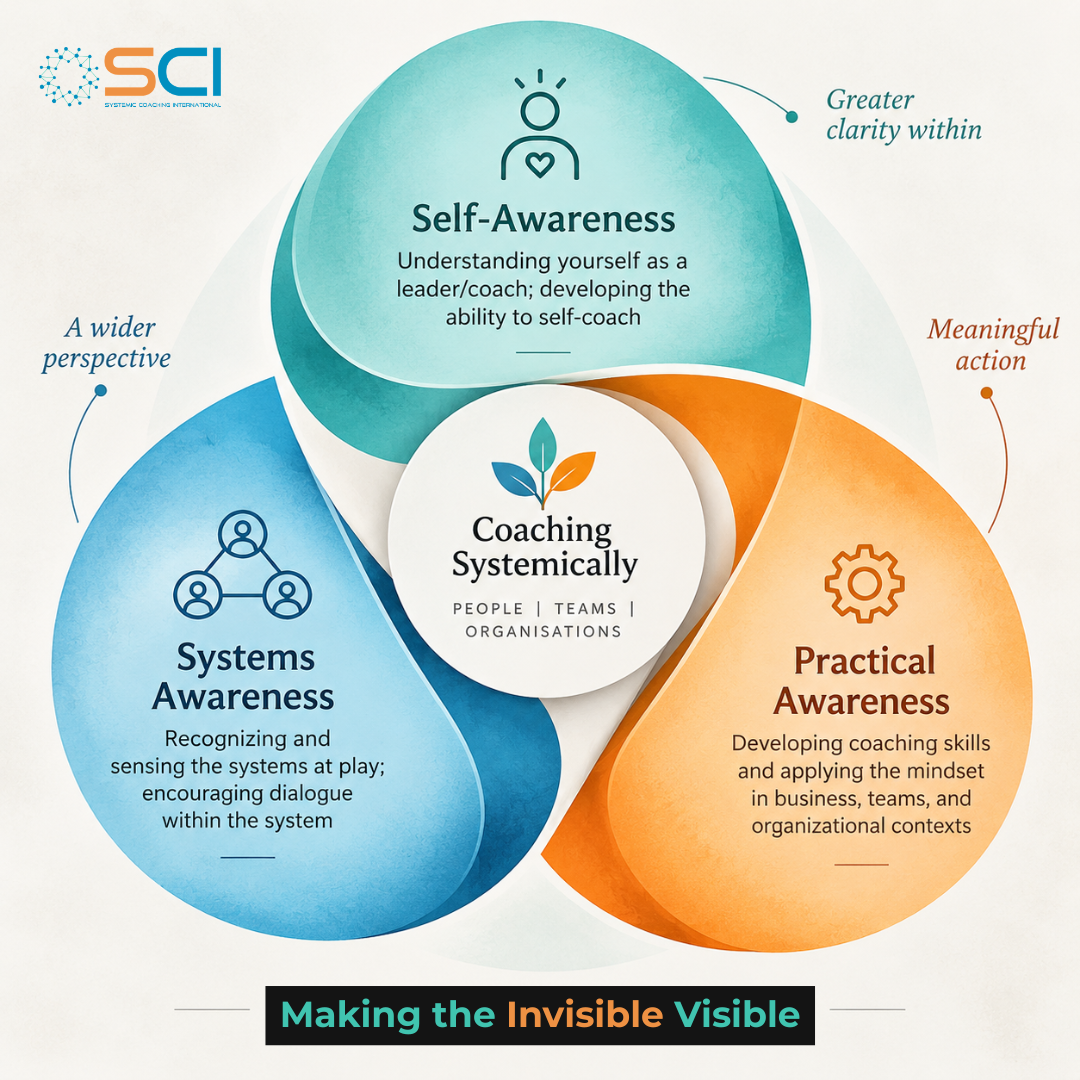 Three dimensions of awareness: Self-Awareness, Systems Awareness and Practical Awareness, integrated through Coaching Systemically.